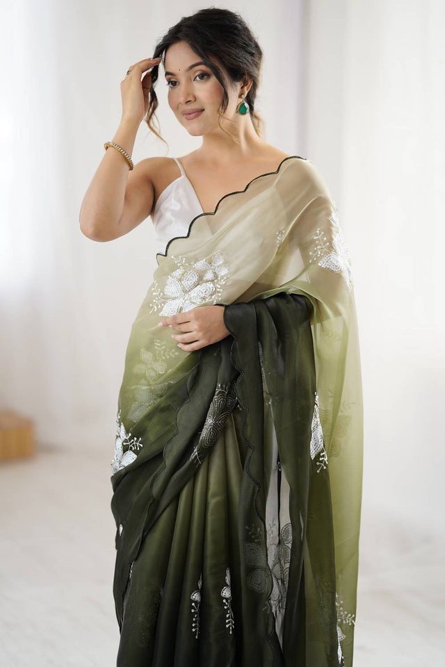 Mehendi Sequin with Embroidered Saree