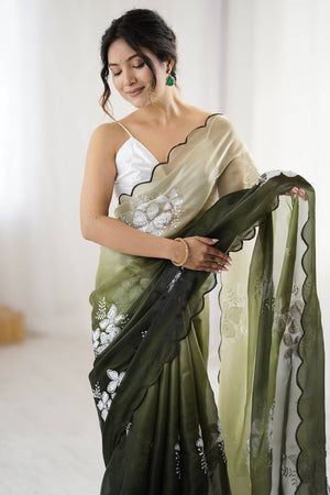 Mehendi Sequin with Embroidered Saree