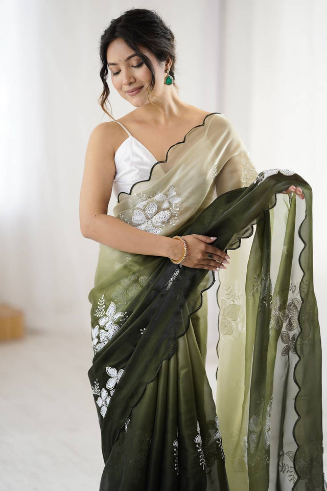 Mehendi Sequin with Embroidered Saree