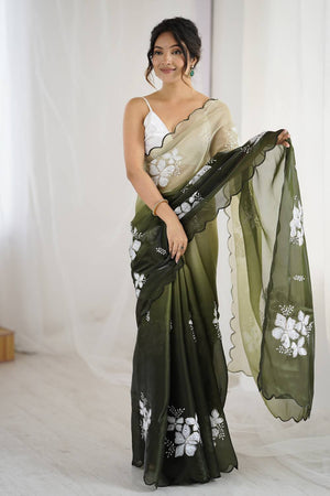 Mehendi Sequin with Embroidered Saree