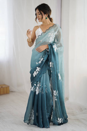Turquoise Sequin with Embroidered Saree
