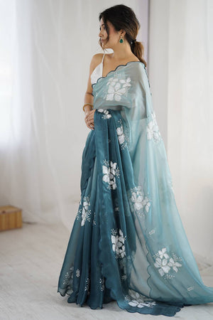 Turquoise Sequin with Embroidered Saree