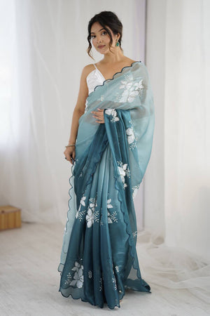 Turquoise Sequin with Embroidered Saree