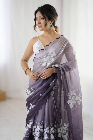 Grey Sequin with Embroidered Saree