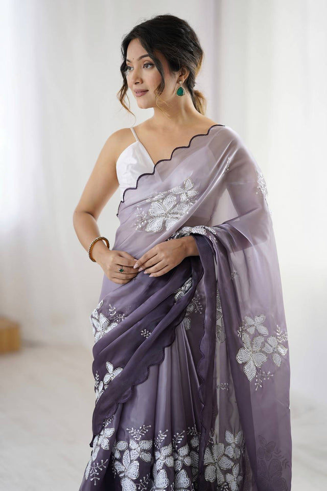 Grey Sequin with Embroidered Saree
