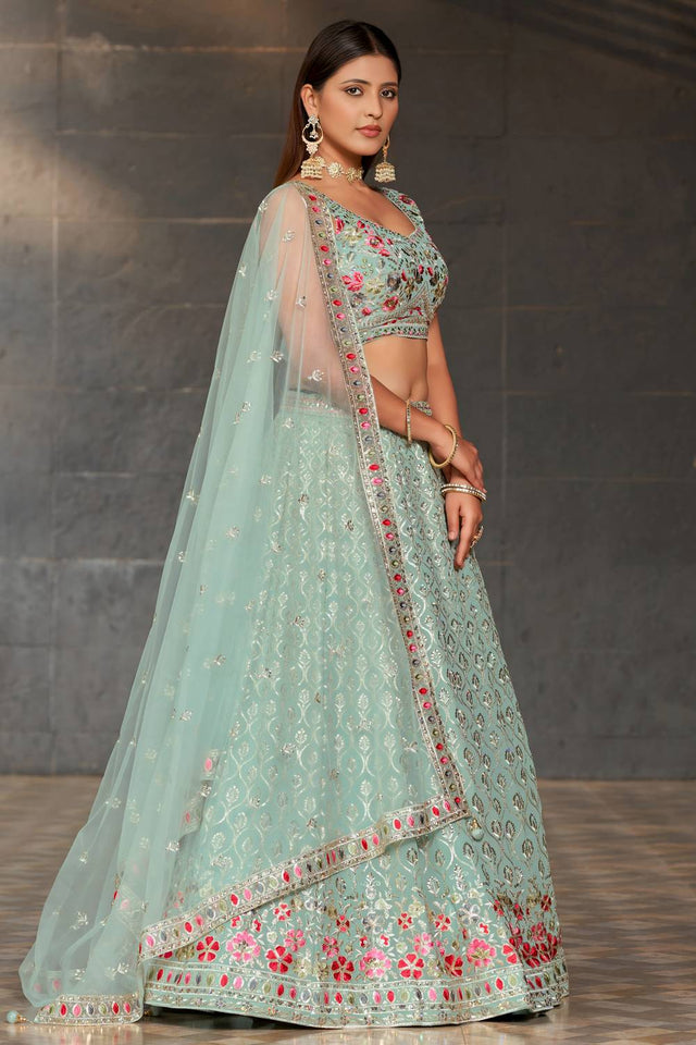 Sky Blue Sequin with Embroidered Georgette Lehenga