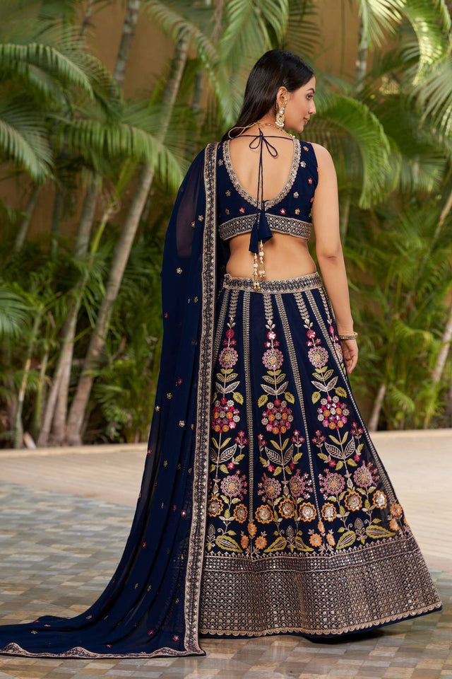Navy Blue Sequin with Embroidered Georgette Lehenga