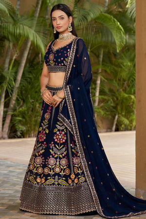 Navy Blue Sequin with Embroidered Georgette Lehenga