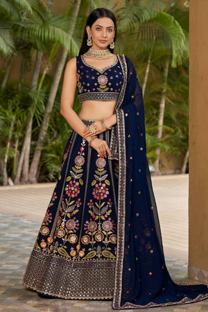 Navy Blue Sequin with Embroidered Georgette Lehenga