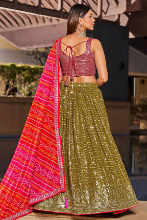 Olive Sequin with Embroidered Georgette Lehenga