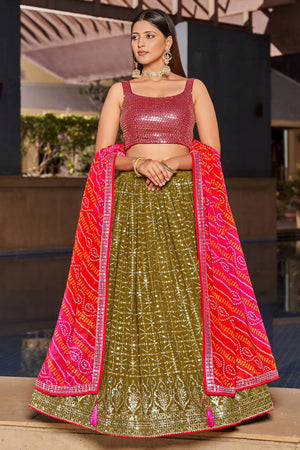 Olive Sequin with Embroidered Georgette Lehenga