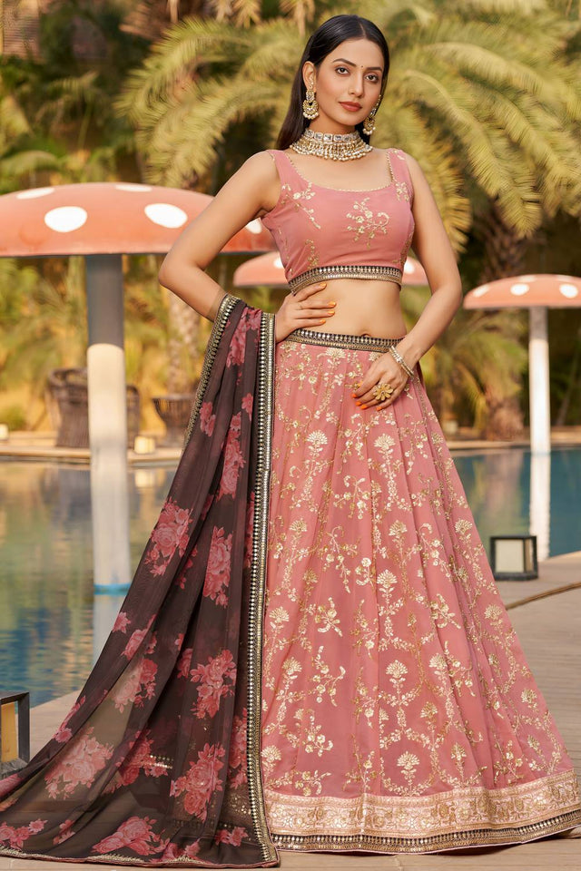 Pink Sequin Georgette Lehenga