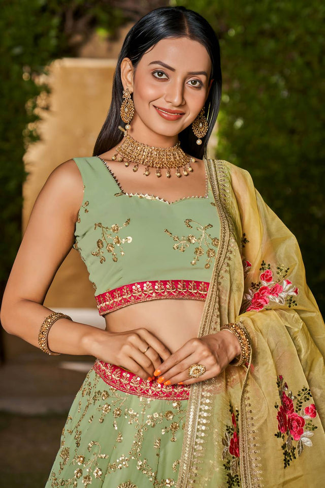 Green Sequin with Embroidered Georgette Lehenga