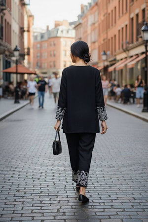 Black Floral Embroidered Cotton Co-Ord Set