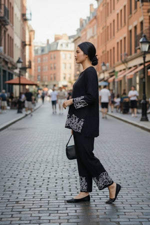 Black Floral Embroidered Cotton Co-Ord Set