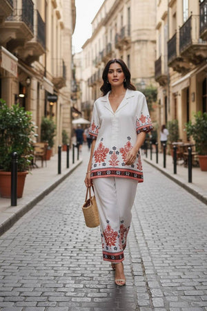 White Floral Printed Cotton Co-Ord Set