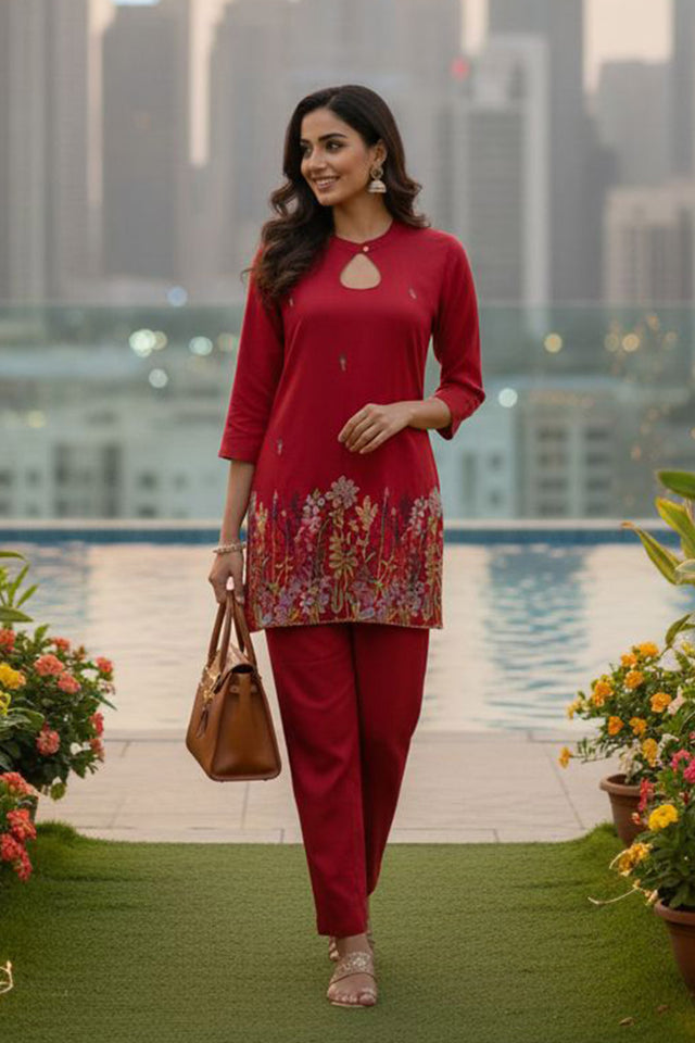 Pink Floral Embroidered Cotton Co-Ord Set