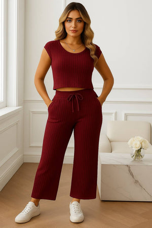 Maroon Woven Lycra Co-Ord Set