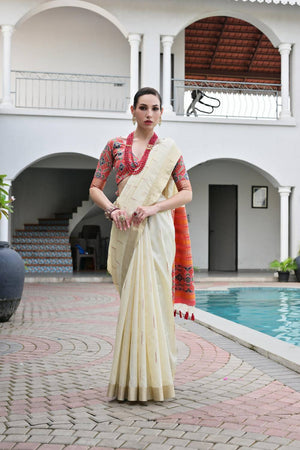 Off White Woven Silk Saree