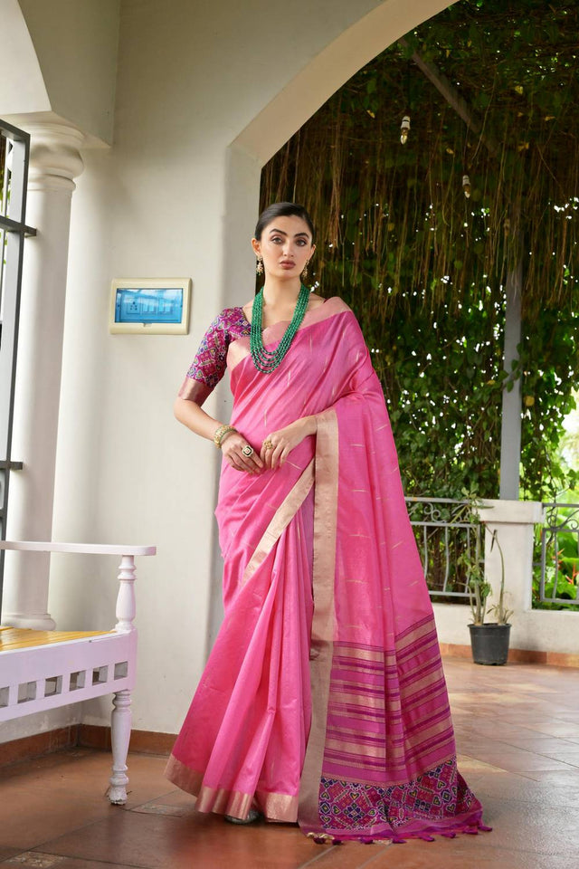 Pink Woven Silk Saree