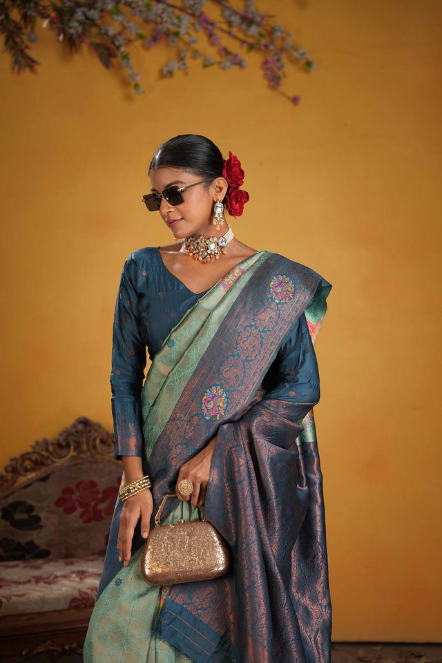 Turquoise Woven Art Silk Saree