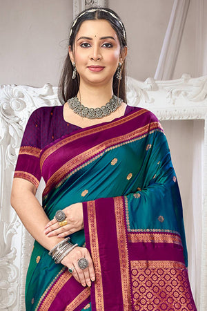 Turquoise Woven Silk Saree