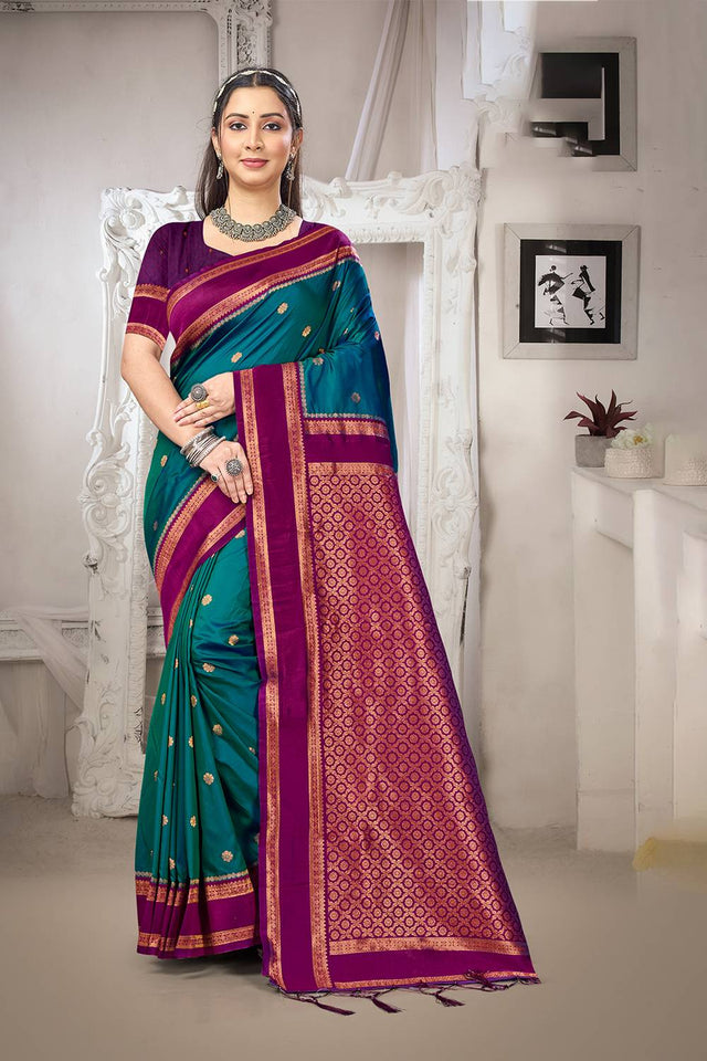Turquoise Woven Silk Saree