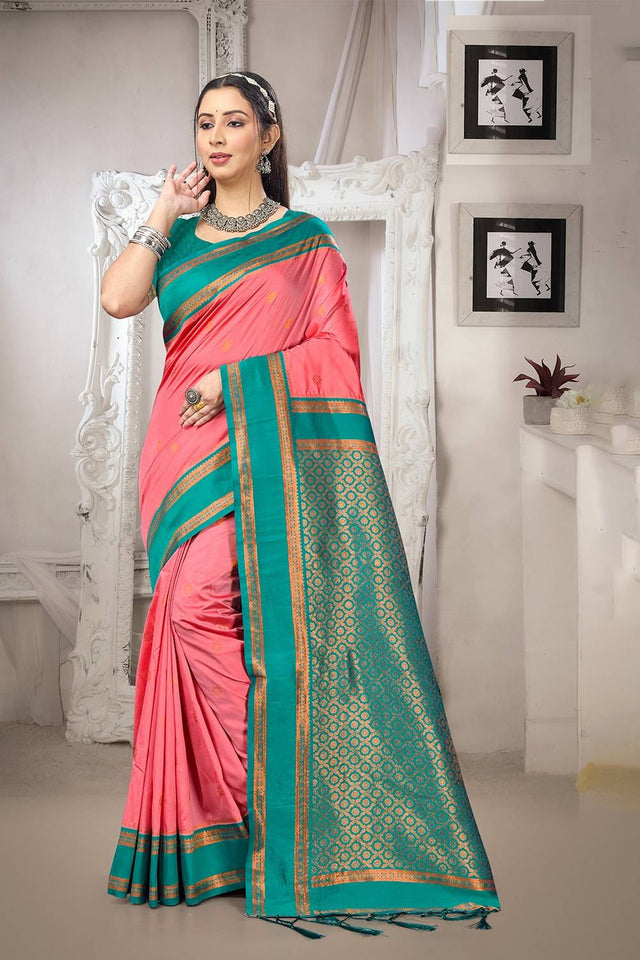 Peach Woven Silk Saree