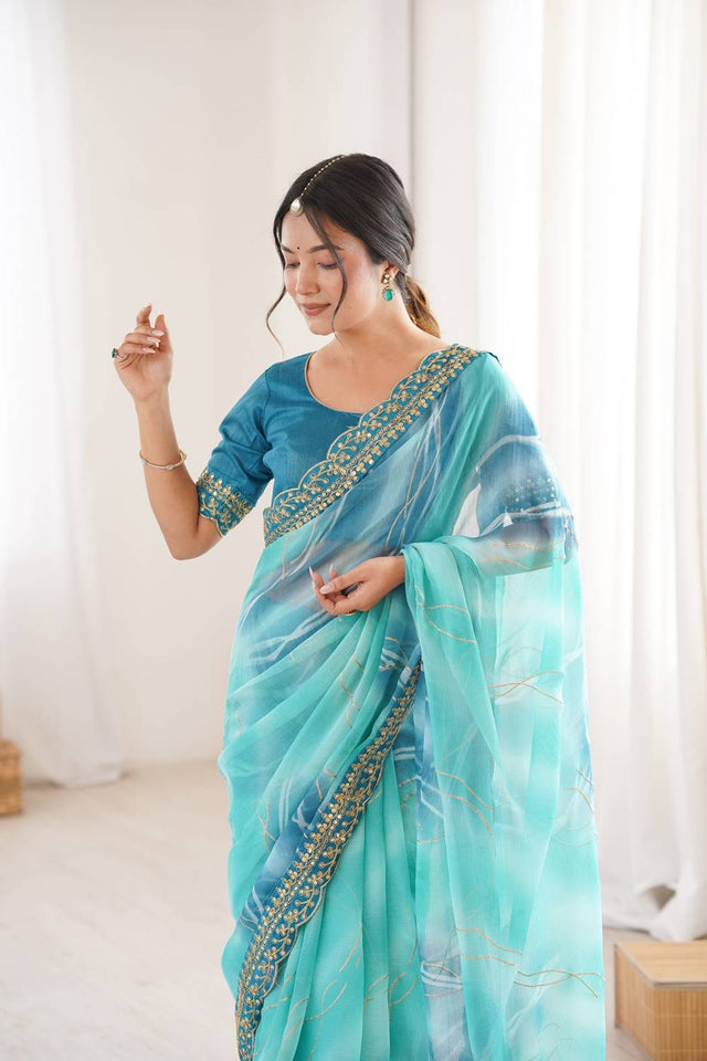 Blue Sequin with Embroidered Chiffon Saree