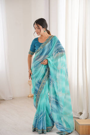 Blue Sequin with Embroidered Chiffon Saree