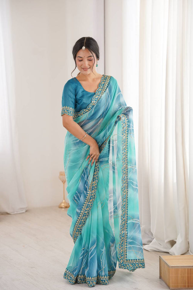 Blue Sequin with Embroidered Chiffon Saree