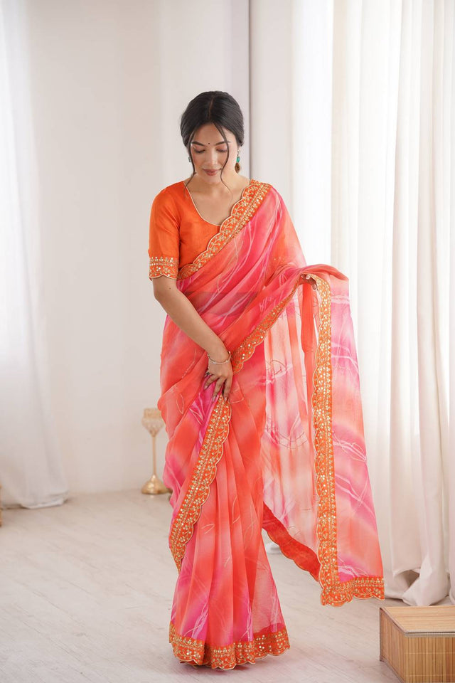 Orange Sequin with Embroidered Chiffon Saree