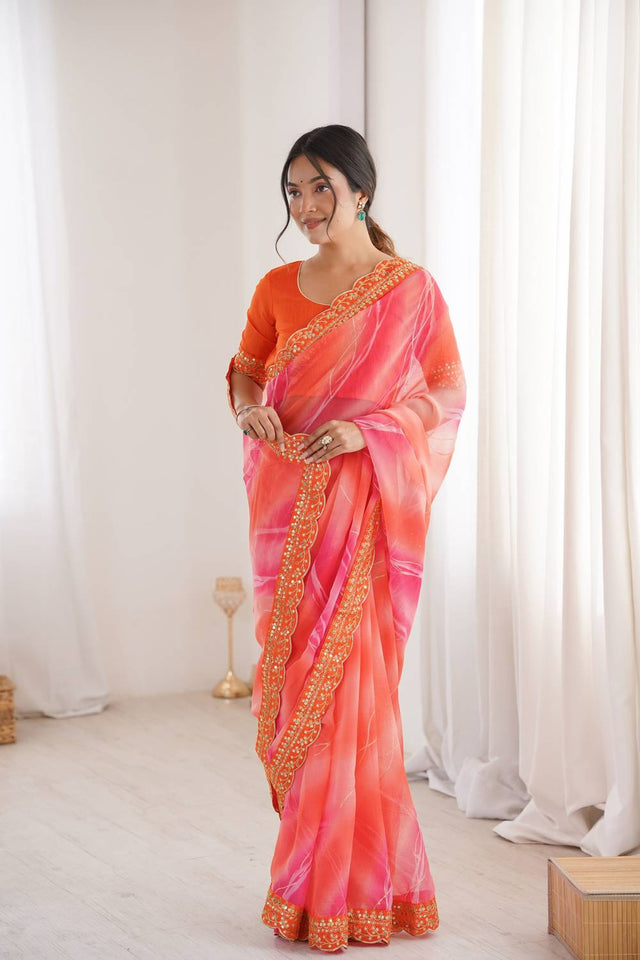 Orange Sequin with Embroidered Chiffon Saree