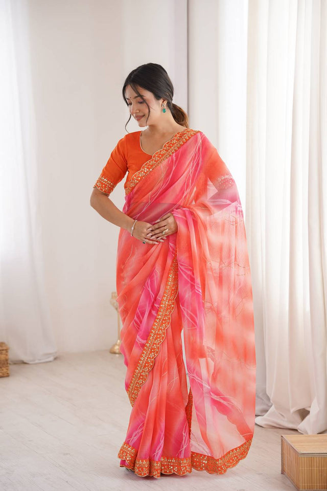 Orange Sequin with Embroidered Chiffon Saree