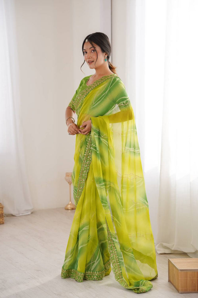 Mehendi Sequin with Embroidered Chiffon Saree