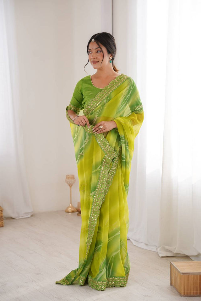 Mehendi Sequin with Embroidered Chiffon Saree