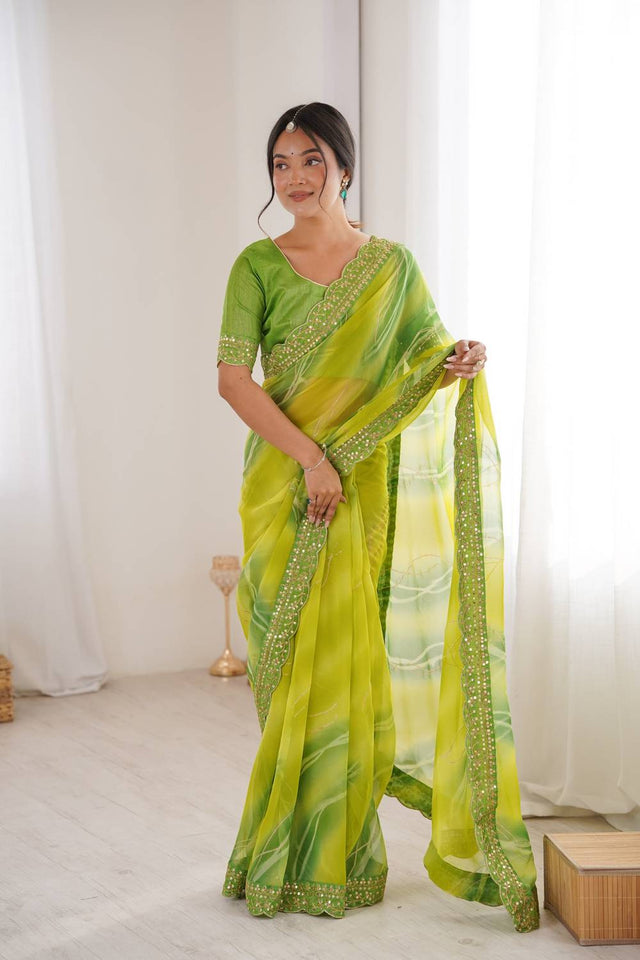 Mehendi Sequin with Embroidered Chiffon Saree