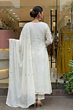 Off White Floral Embroidered Silk Anarkali Suits