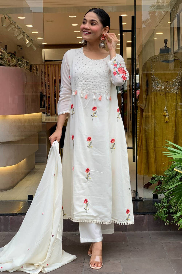 Off White Floral Embroidered Silk Anarkali Suits