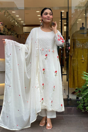 Off White Floral Embroidered Silk Anarkali Suits