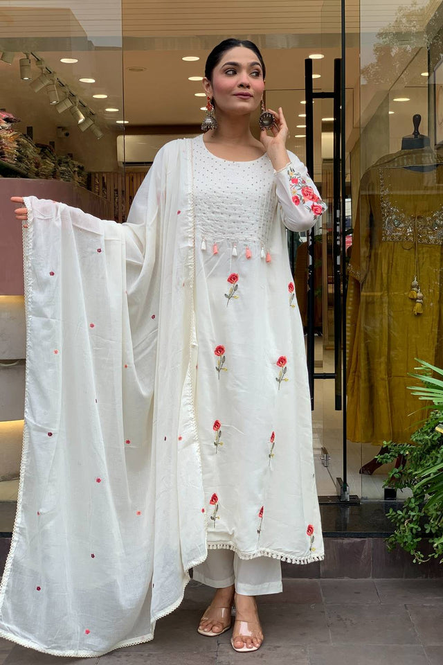 Off White Floral Embroidered Silk Anarkali Suits