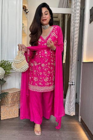 Pink Floral Embroidered Chinon Anarkali Suits