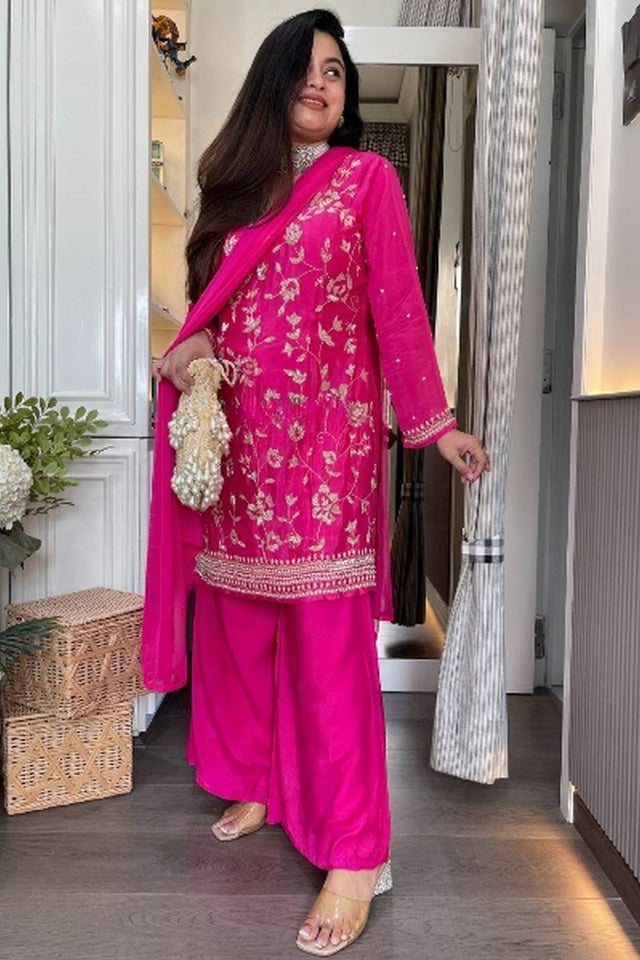 Pink Floral Embroidered Chinon Anarkali Suits