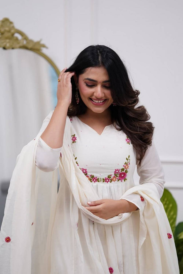 Off White Floral Embroidered Chanderi Anarkali Suits