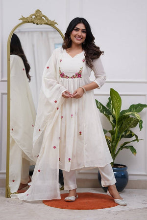 Off White Floral Embroidered Chanderi Anarkali Suits