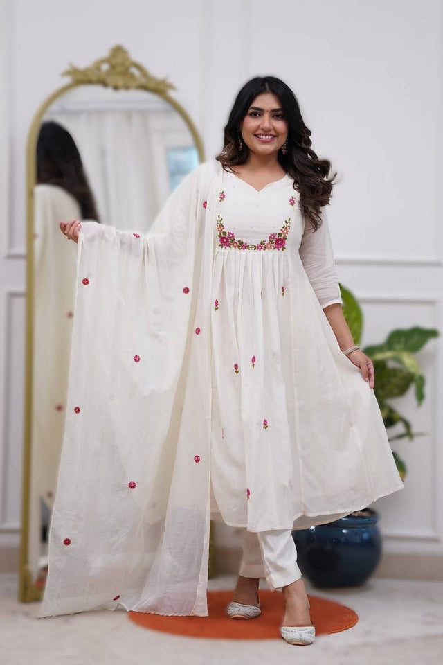 Off White Floral Embroidered Chanderi Anarkali Suits