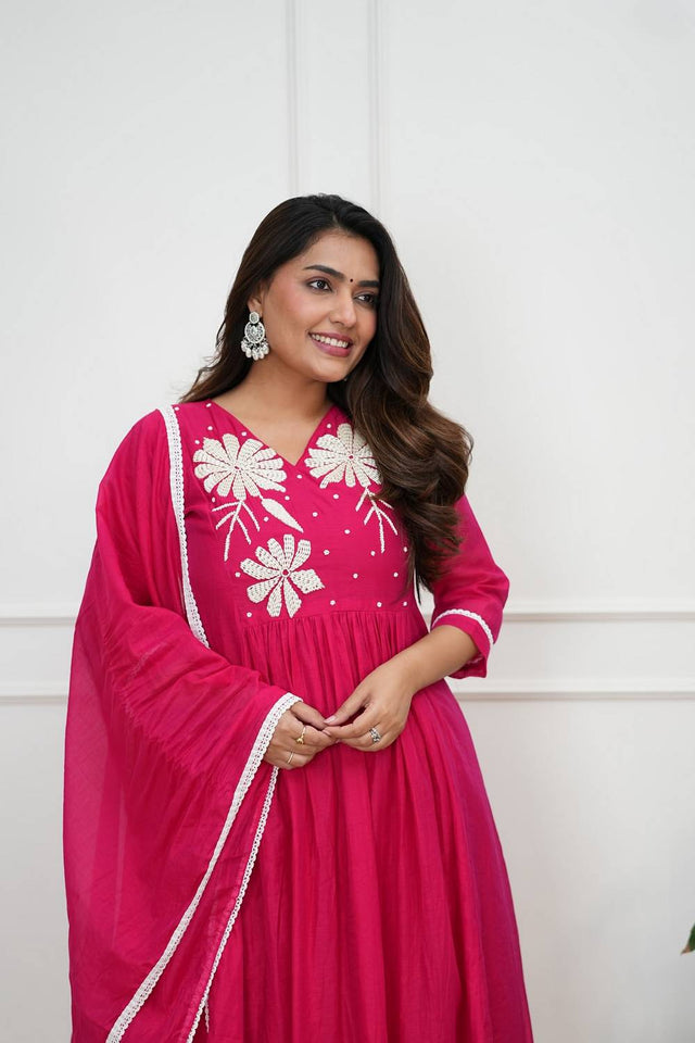 Pink Floral Embroidered Silk Anarkali Suits