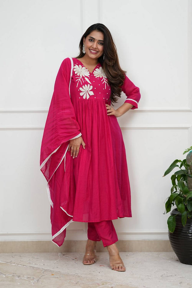 Pink Floral Embroidered Silk Anarkali Suits