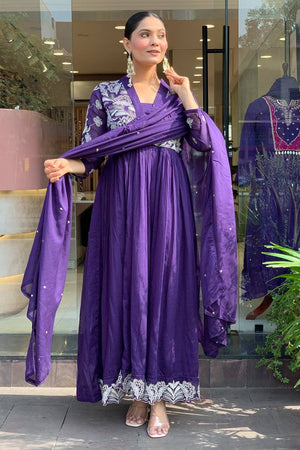Lavender Floral Embroidered Silk Anarkali Suits