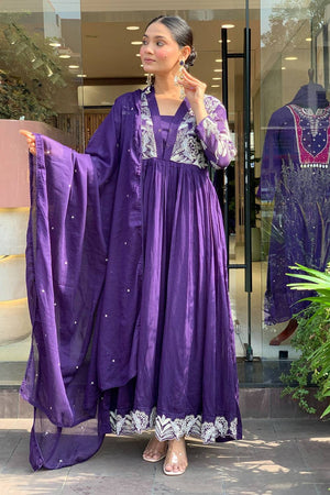 Lavender Floral Embroidered Silk Anarkali Suits